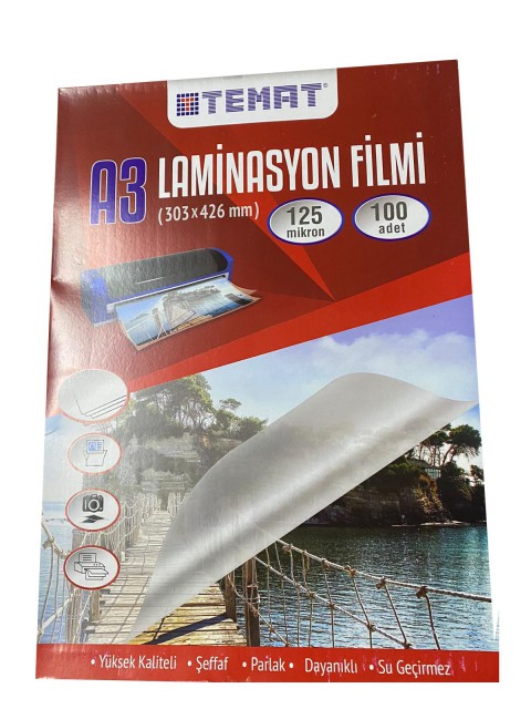 Temat A3 Laminasyon Filmi Pvc 125 Micron 100 Lü Paket